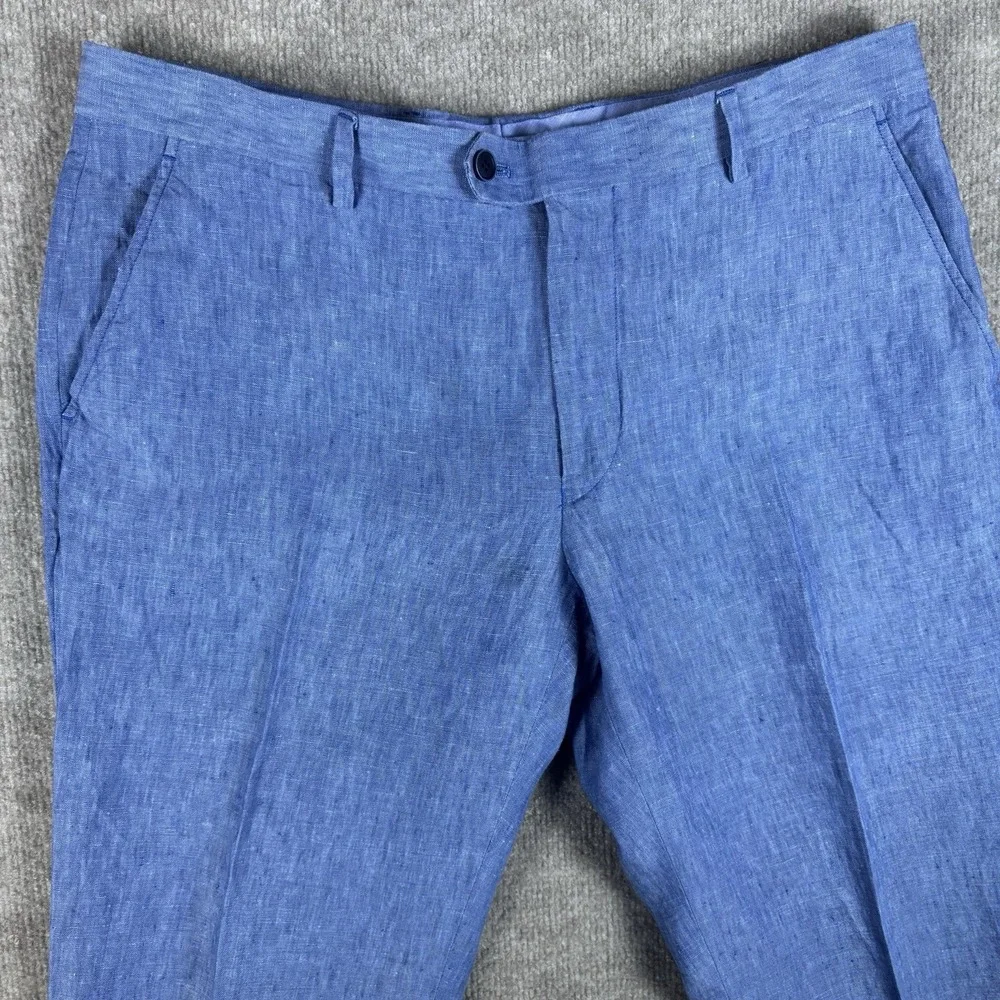 Tommy Hilfiger Mens Linen Pants 36x30 Blue 100% Linen Flat Front Dress